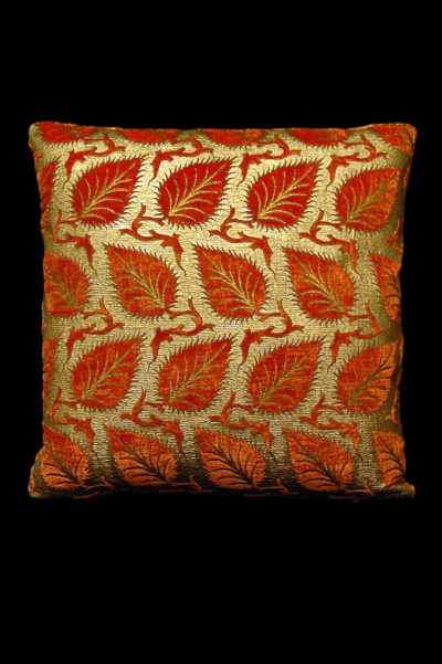 Fortuny Heliantus square orange printed velvet cushion front
