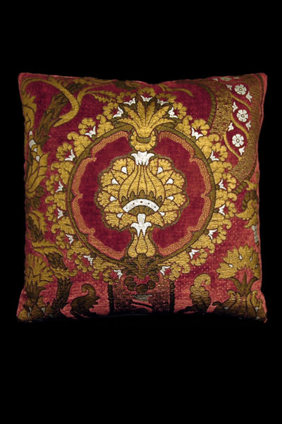 Fortuny San Marco carmine red printed velvet square cushion front