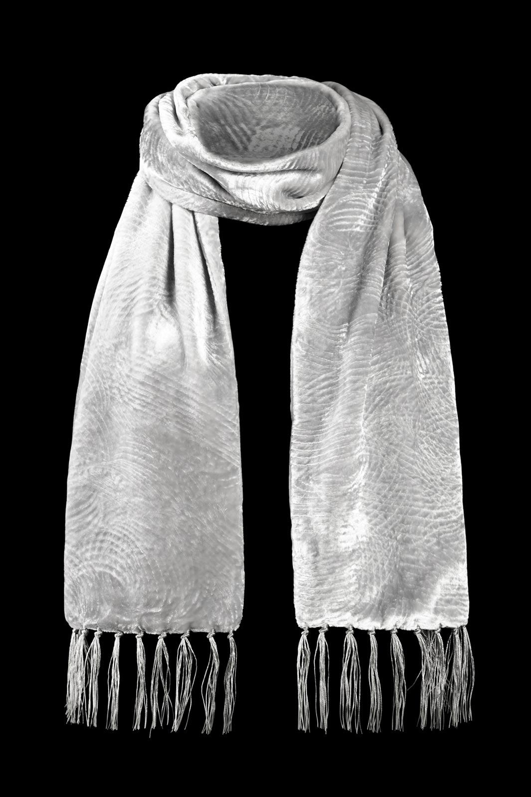 Fortuny furrowed velvet scarf with fringes