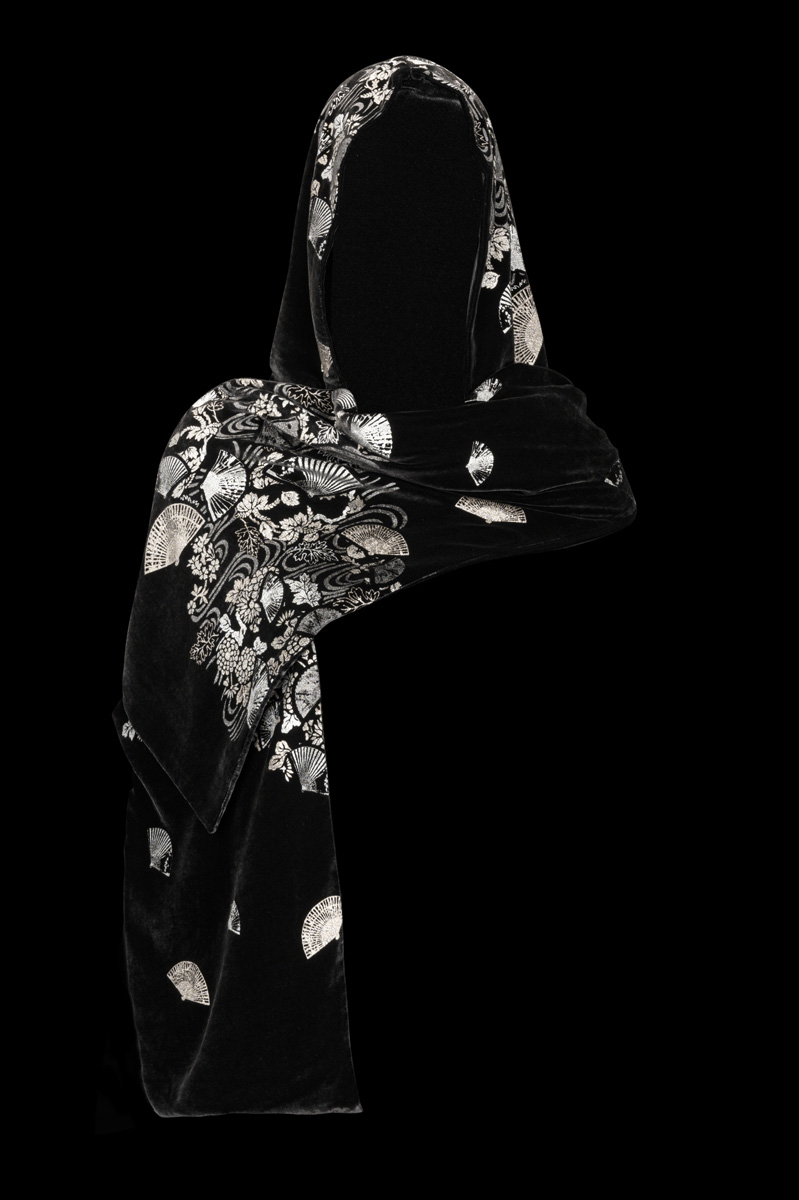 Fortuny Printed Velvet hooded Shawl Black & Silver
