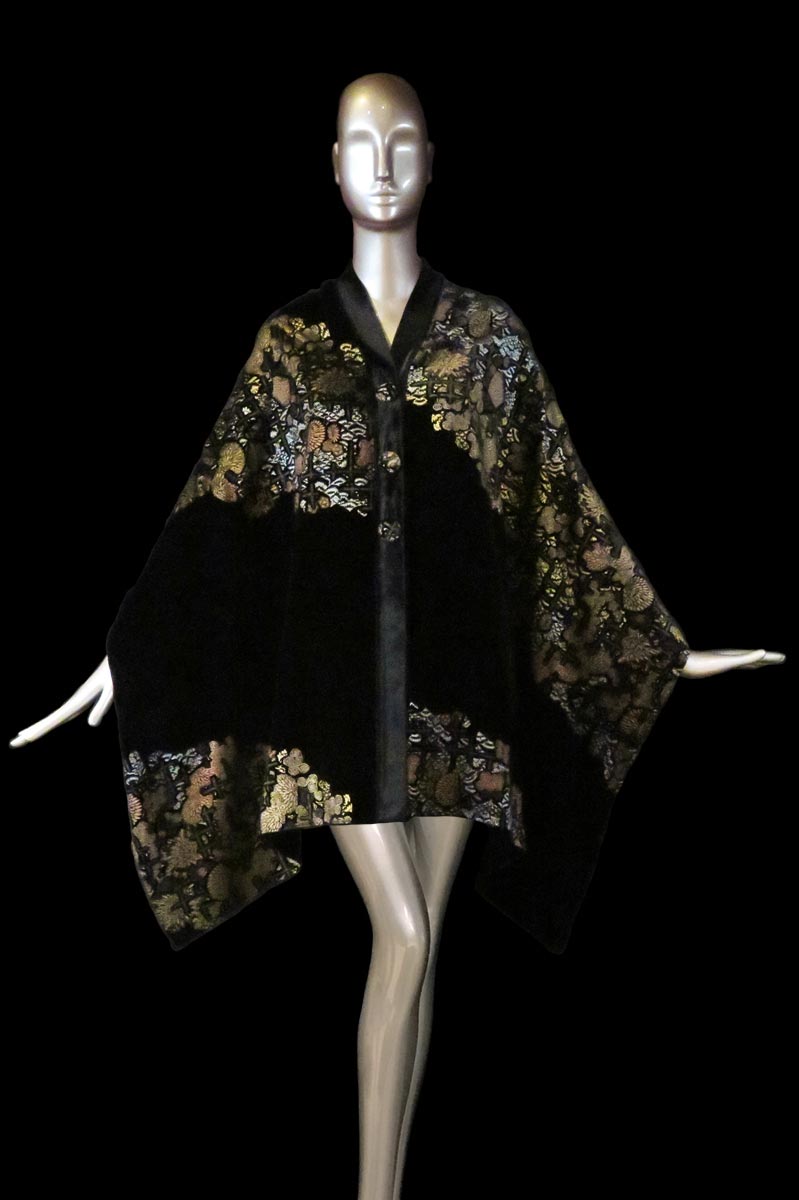 Fortuny black printed velvet stole with buttons side