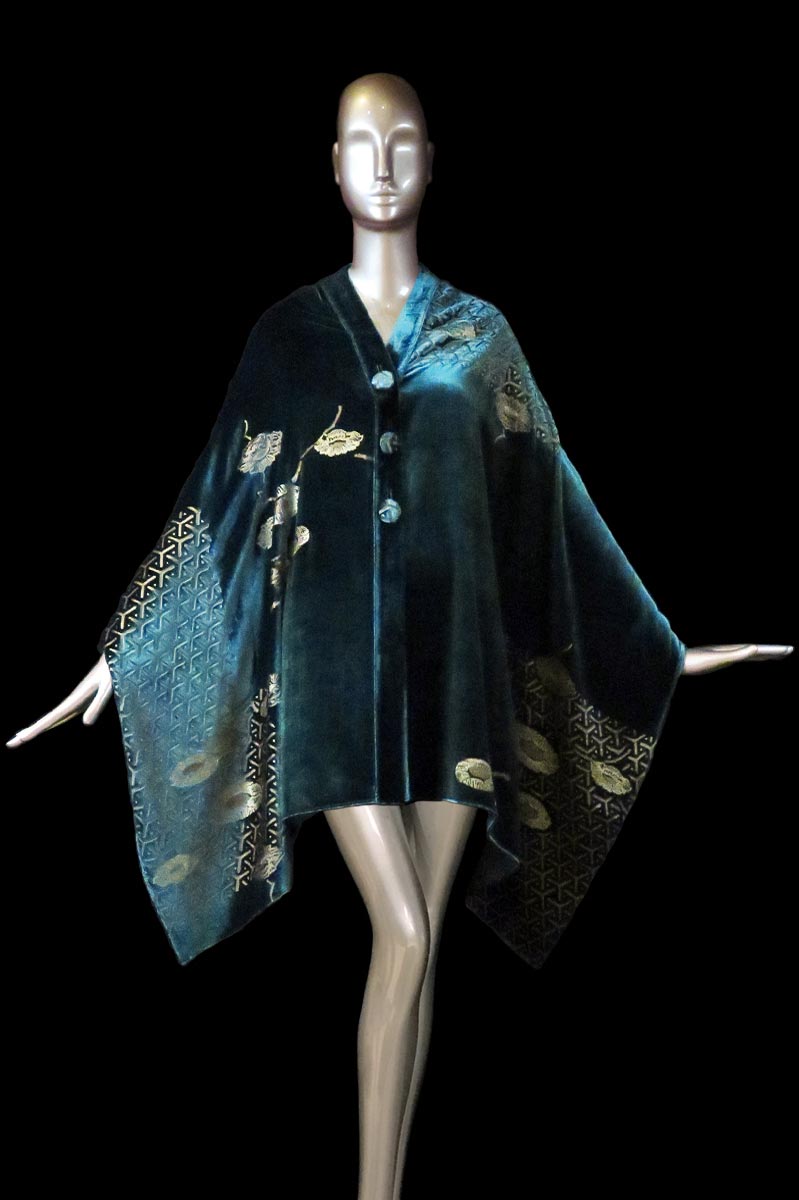 Fortuny dark teal blue printed velvet stole with buttons front