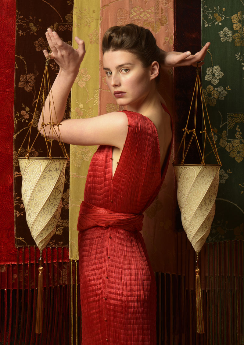 Fortuny Delphos gown and Cesendello lamps
