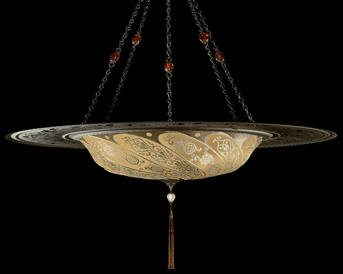 Fortuny Scudo Saraceno Classic salmon silk lamp with metal ring