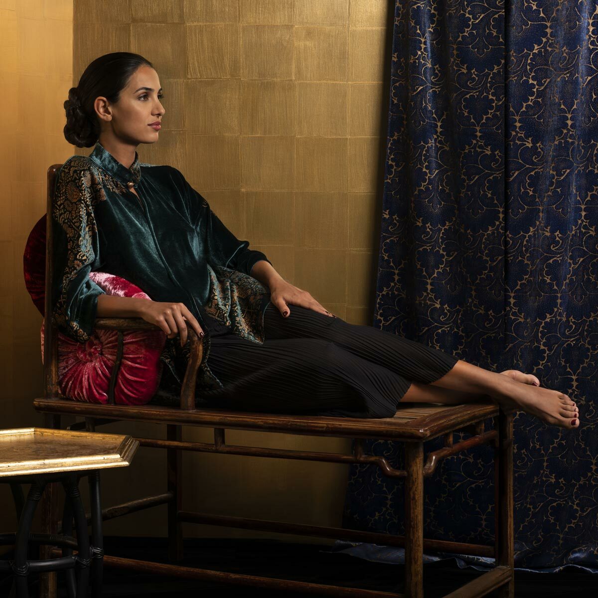 Cecilia | Printed Velvet Mandarin Collar Jacket