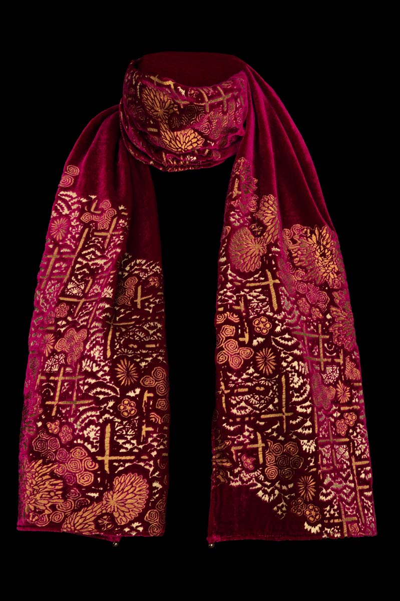 Printed Velvet Scarf with murano beads Magenta