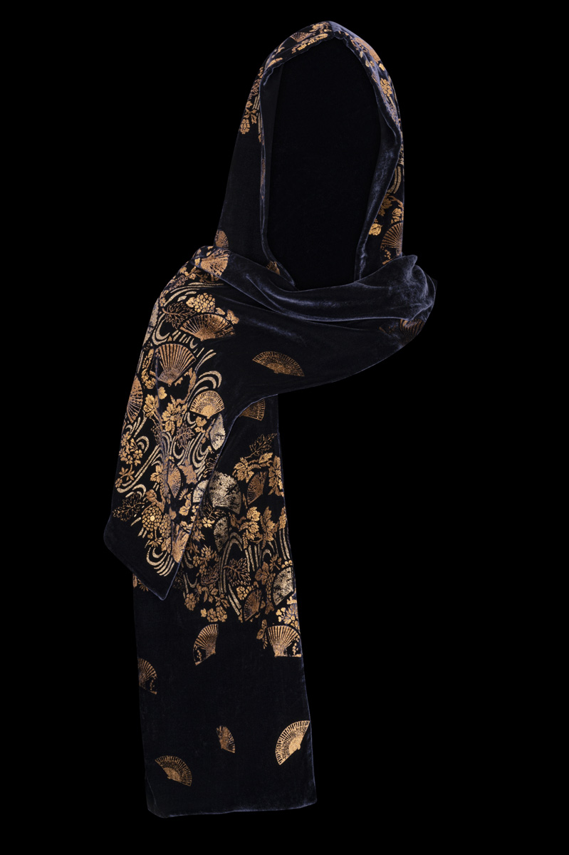 Fortuny Printed Hooded Shawl Navy Blue