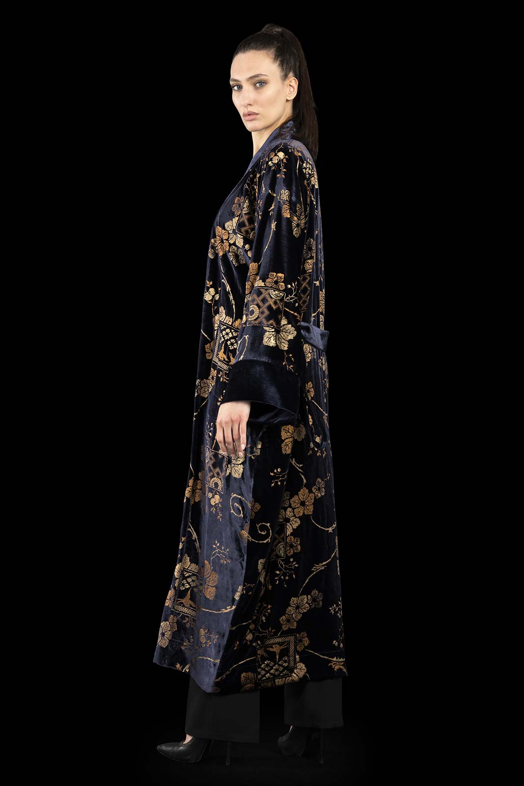 Audrey | Printed velvet Long Kimono coat | Riassunto Navy Blue