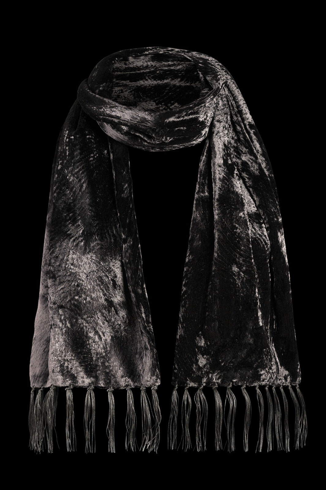 Fortuny furrowed velvet scarf with fringes