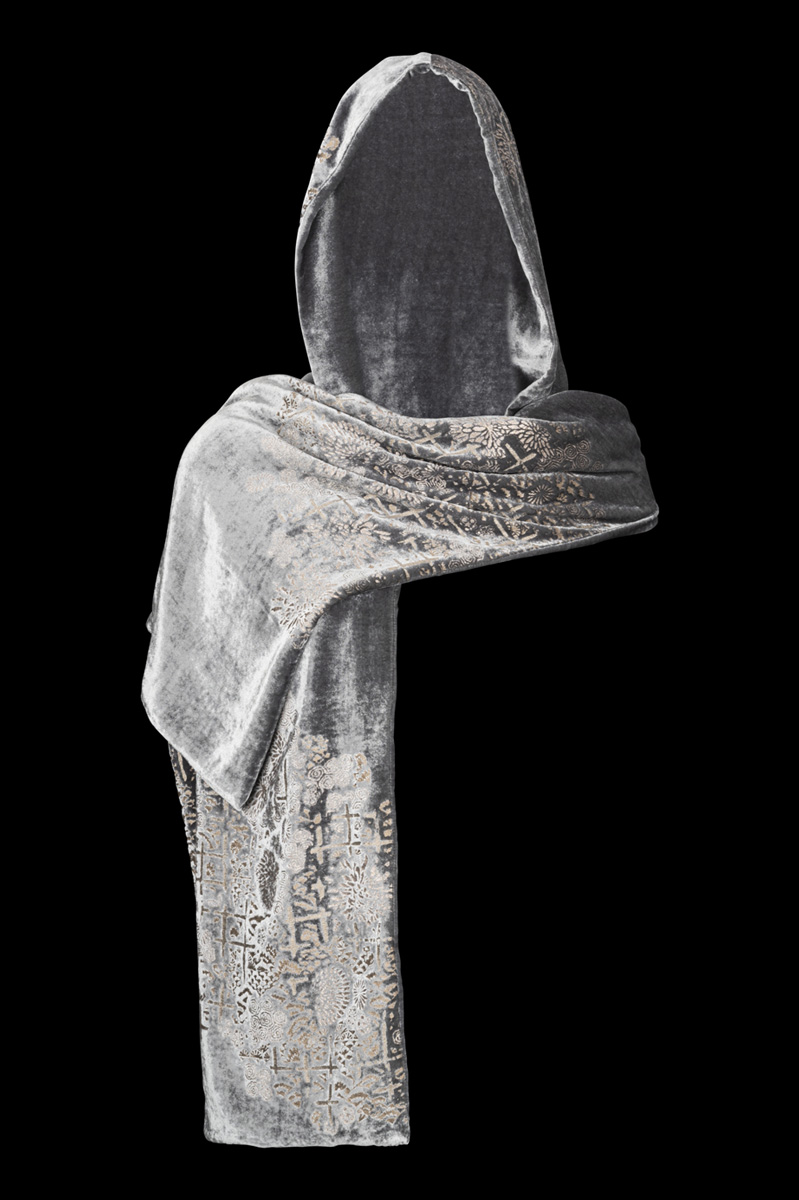 Fortuny Printed Velvet hooded Shawl Silver